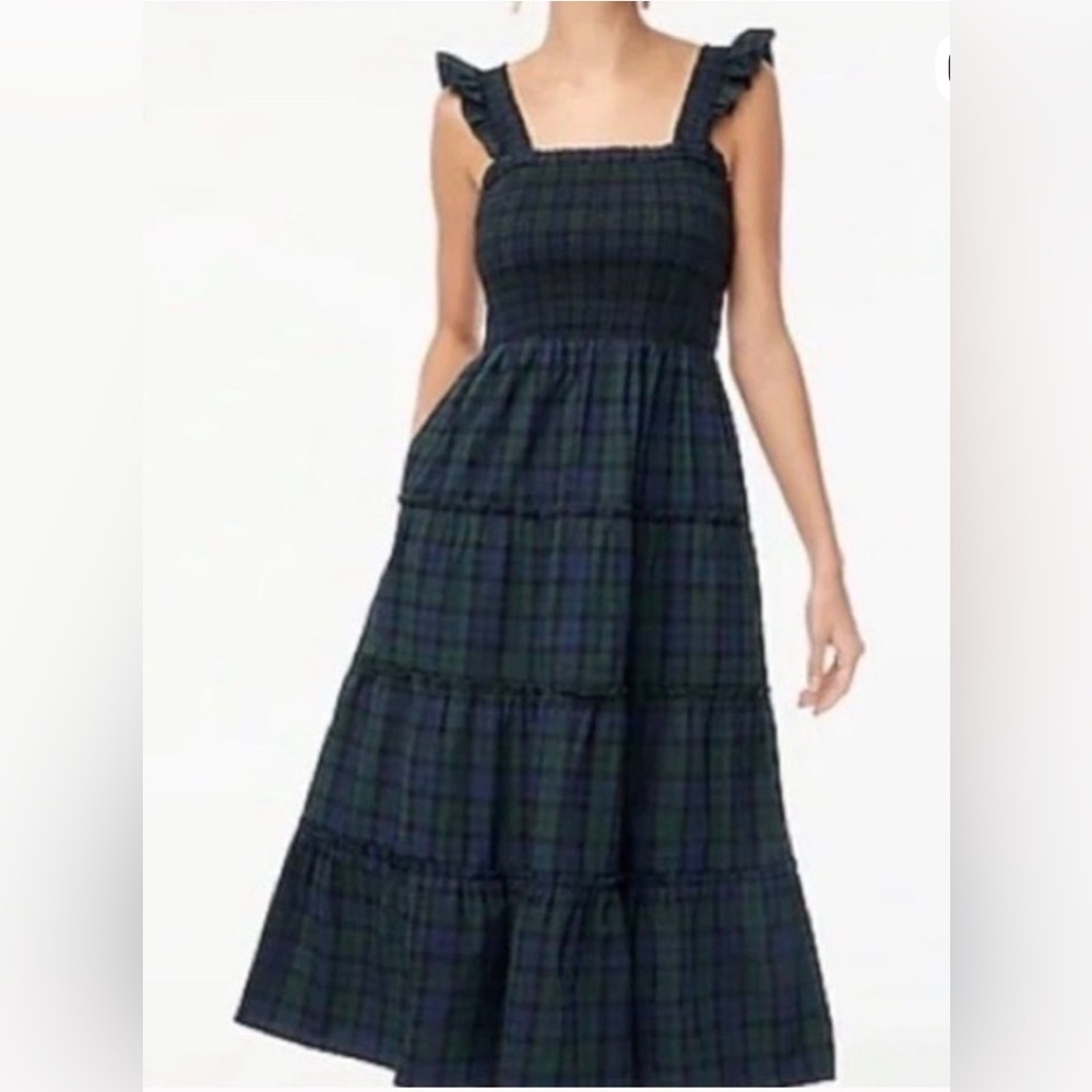 J Crew Re-imagined Tartan Plaid ruffle tiered dress green and navy XXS stretchy